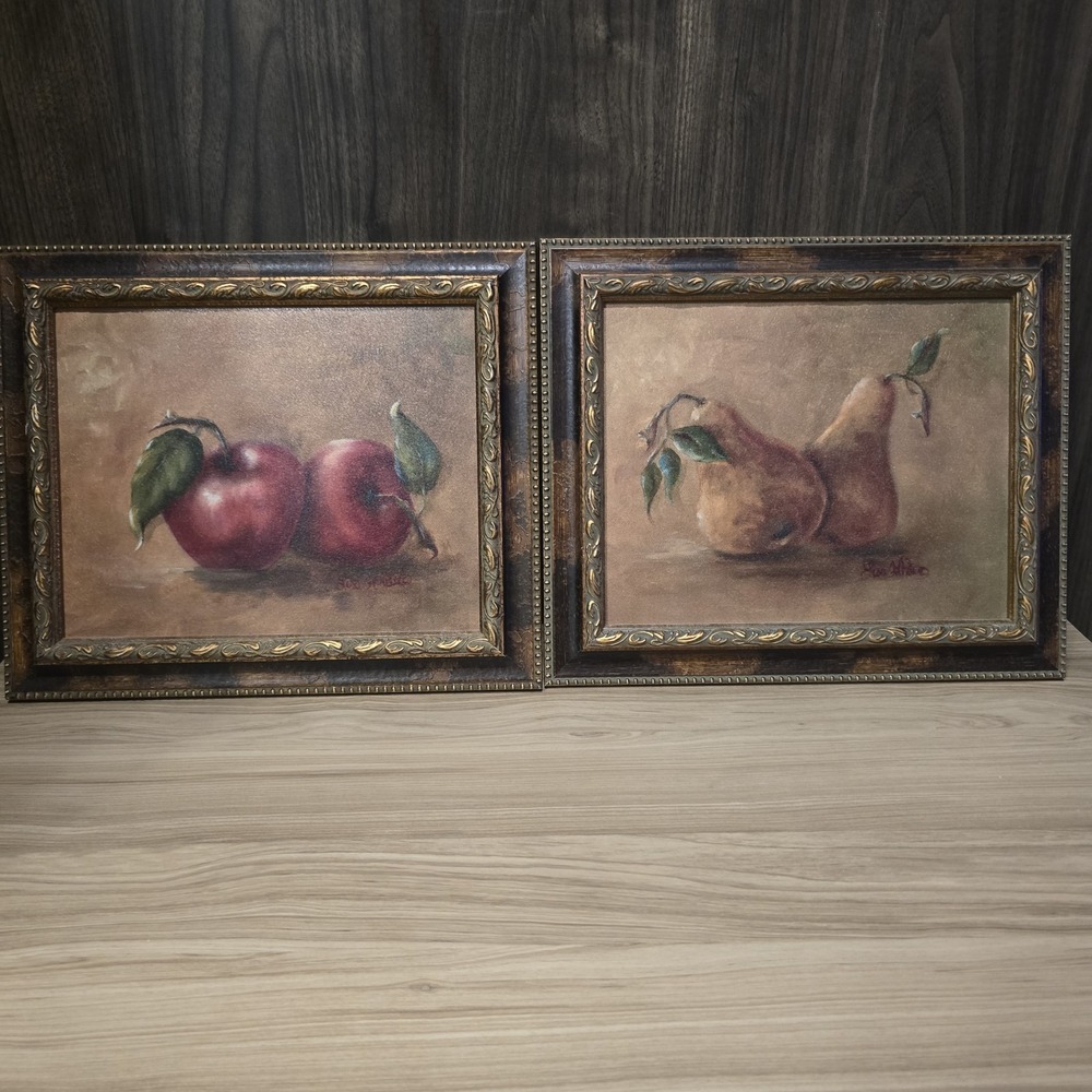 Pair Lisa White‎ Framed Still Life Fruit Paintings Apples Pears 12.5" x 10.5"